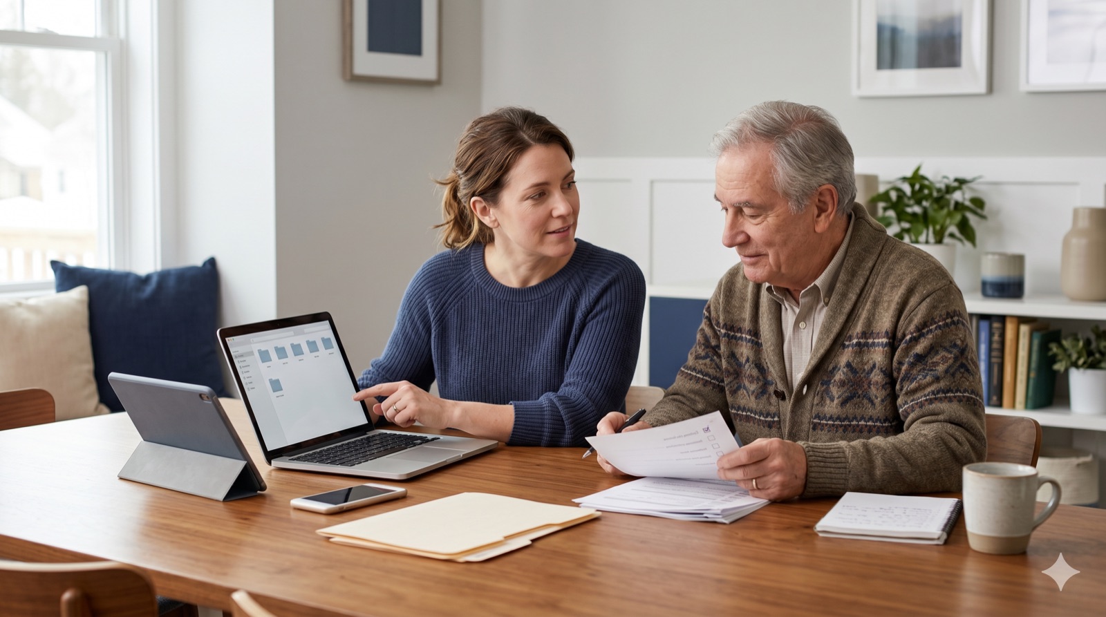 A woman and an older man sit at a kitchen table organizing accounts and documents together on a laptop.